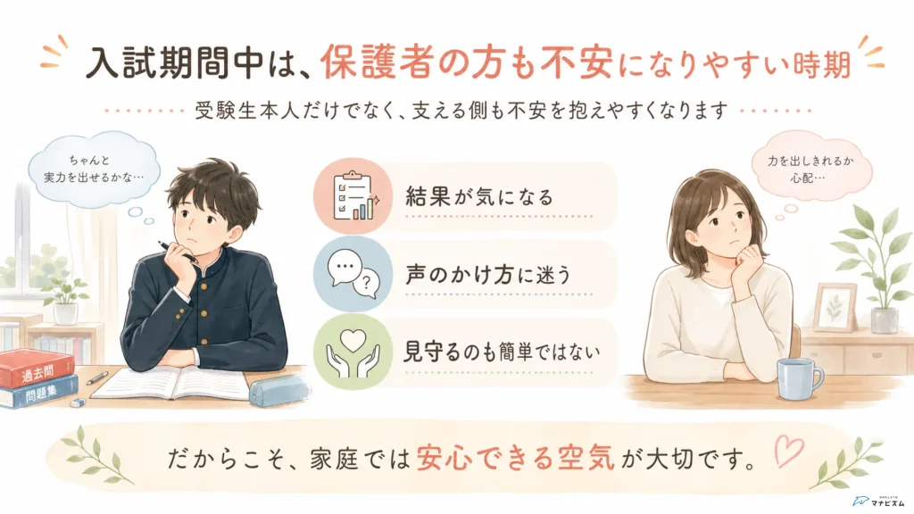 入試期間中は受験生本人だけでなく保護者も不安になりやすいことを伝える図解