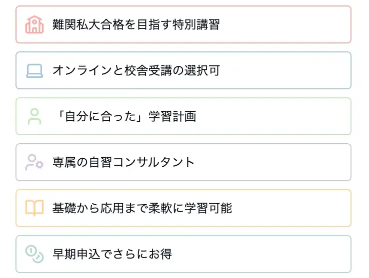 マナビズムの春期講習の特徴を示すインフォグラフィック。難関私大対策、オンライン・校舎選択可、個別学習計画、専属コンサルタント、柔軟な学習内容、早期申込特典の6つの特徴を、アイコンと共にカラフルなボックス内に表示。