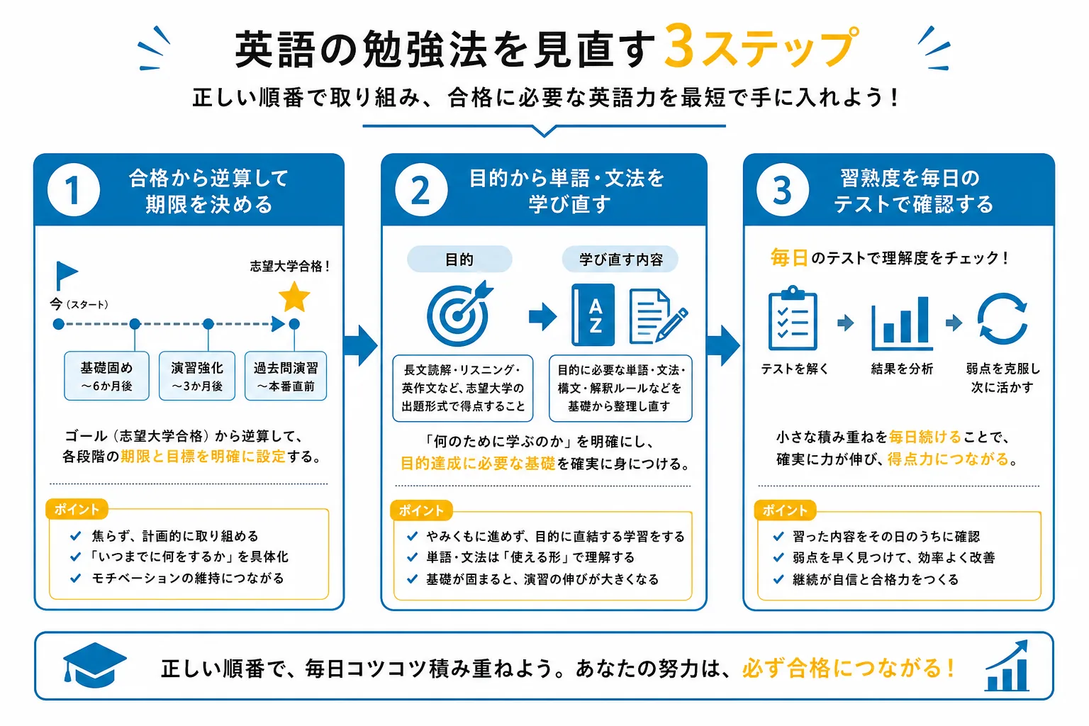 逆算スケジュール・目的意識・習熟度確認という3つの対策の流れを示す図解