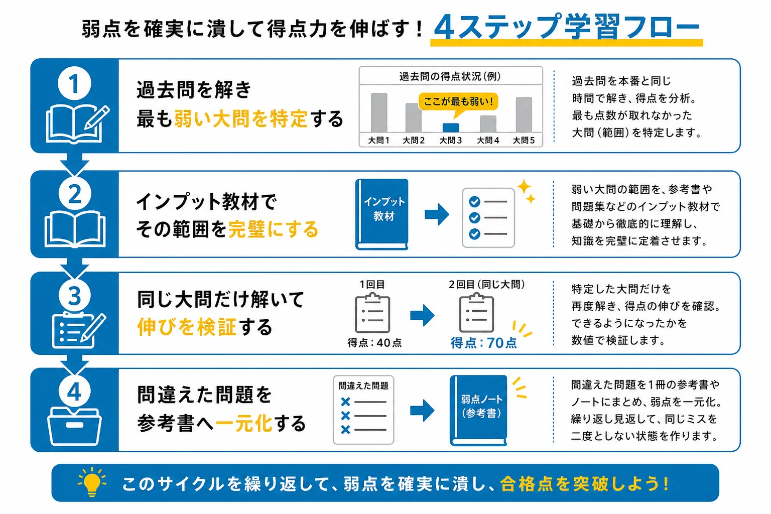 過去問を軸に勉強法の質を上げる4つの手順を示したフロー図
